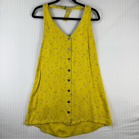 RVCA 90’s Baby Mustard Yellow Floral Button Front Halter Dress Women’s Medium - Picture 1 of 7